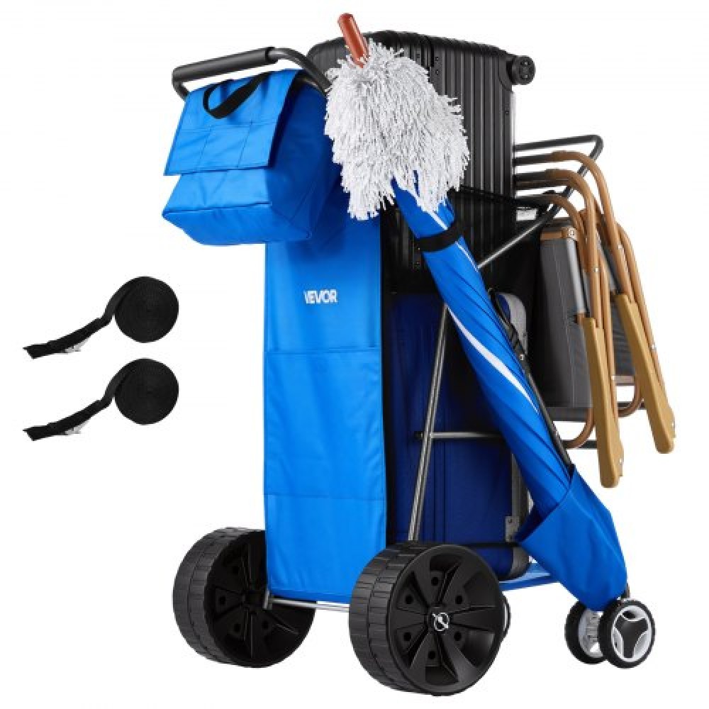 VEVOR Beach Cart with Large Wheels for Sand, 75 kg Load Capacity, Heavy Duty Folding Beach Wagon with 250 mm Solid Wheels, Insulated Cooler Bag, Umbrella Holder, Holds 4 Chairs for Camping & Fishing