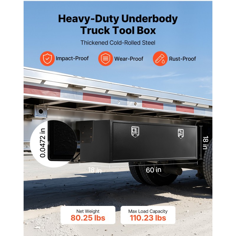VEVOR Underbody Truck Tool Box, 1524 x 457 x 457 mm Κουτί αποθήκευσης τρέιλερ από χάλυβα βαρέως τύπου με κλειδαριά και κλειδιά, αδιάβροχη οργάνωση αποθήκευσης τρέιλερ κάτω από το αμάξωμα με λαβή T για φορτηγό SUV, Μαύρο