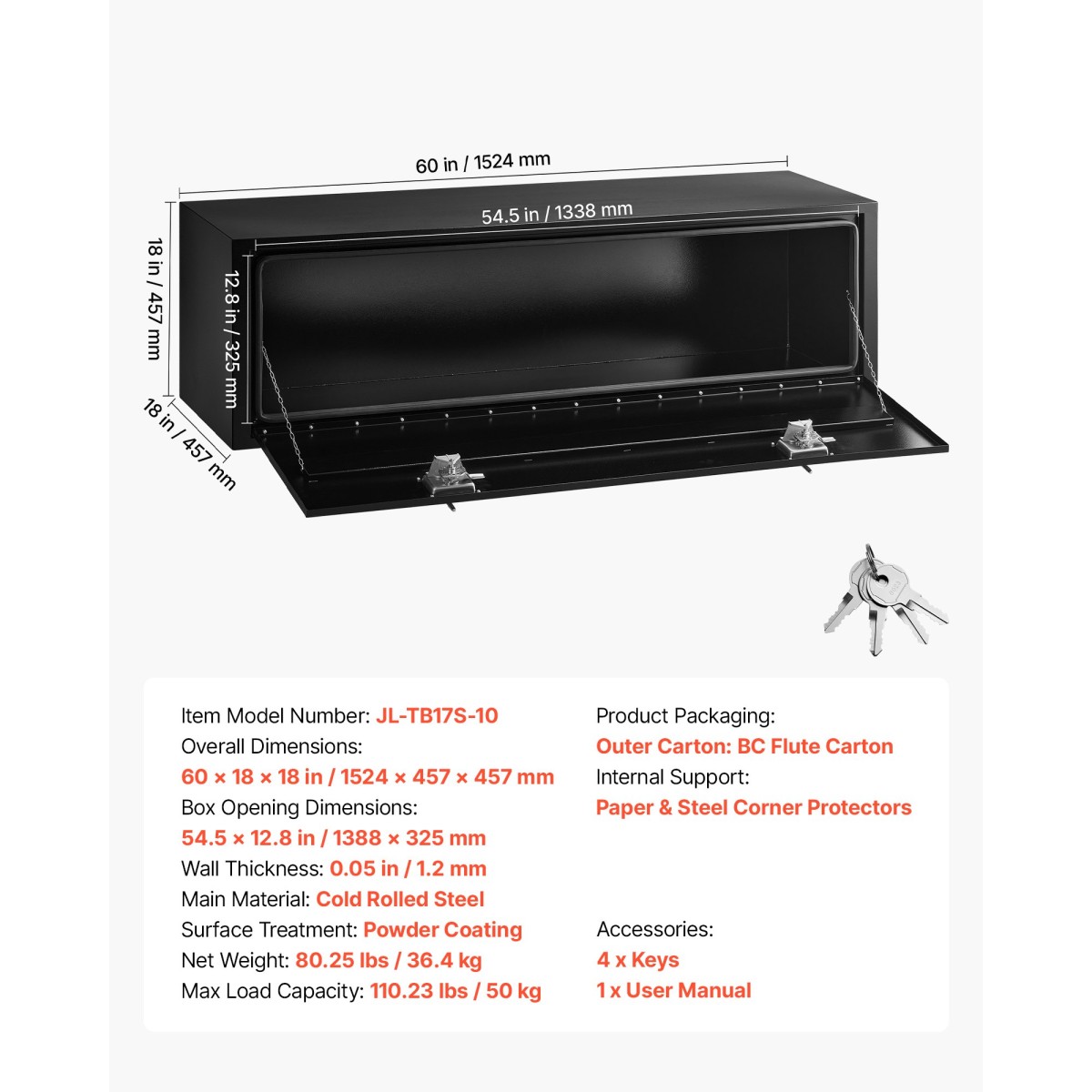 VEVOR Underbody Truck Tool Box, 1524 x 457 x 457 mm Κουτί αποθήκευσης τρέιλερ από χάλυβα βαρέως τύπου με κλειδαριά και κλειδιά, αδιάβροχη οργάνωση αποθήκευσης τρέιλερ κάτω από το αμάξωμα με λαβή T για φορτηγό SUV, Μαύρο