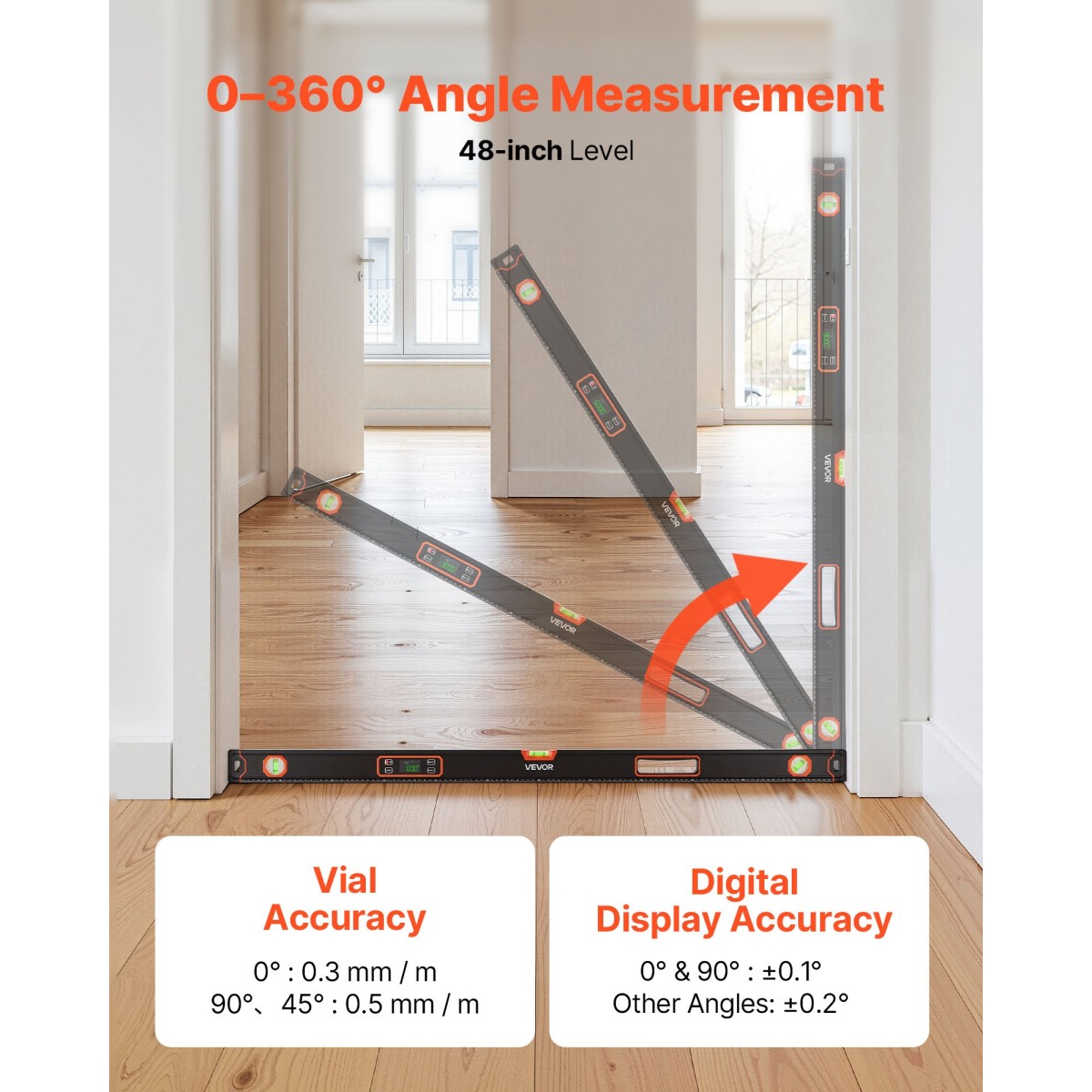 Ψηφιακό επίπεδο VEVOR, 1200 mm, Μαγνητικό ηλεκτρονικό επίπεδο με οθόνη LED με οπίσθιο φωτισμό, 360° Ηλεκτρονικό εργαλείο ισοπέδωσης με φιαλίδια φυσαλίδων 0°/45°/90°, Βαθμολογία IP54 για ανακαίνιση οικοδομικού ξυλουργικού σπιτιού