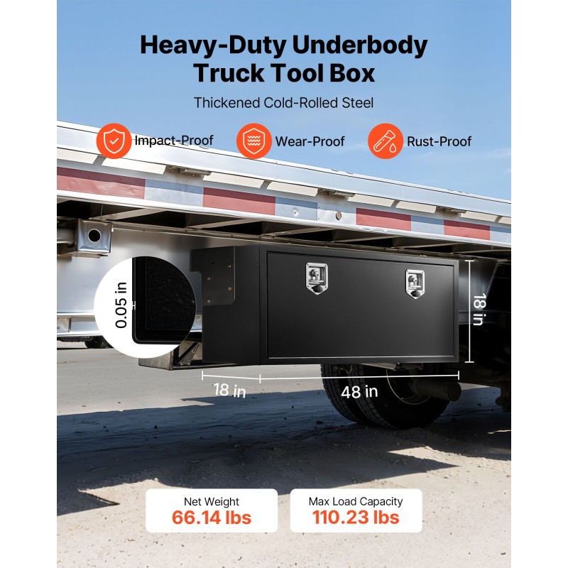 Κιβώτιο εργαλείων VEVOR Underbody Truck, 1219 x 457 x 457 mm Κουτί αποθήκευσης τρέιλερ από ατσάλι βαρέως τύπου με κλειδαριά και κλειδιά, αδιάβροχη οργάνωση αποθήκευσης τρέιλερ κάτω από το αμάξωμα με λαβή T για φορτηγό SUV, Μαύρο