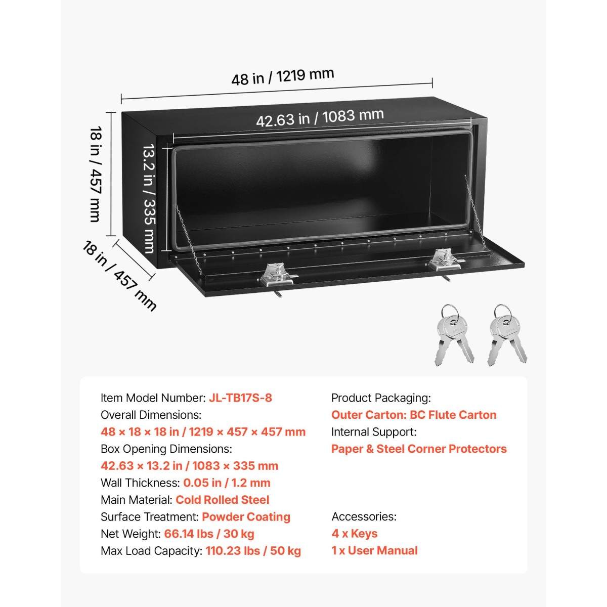 Κιβώτιο εργαλείων VEVOR Underbody Truck, 1219 x 457 x 457 mm Κουτί αποθήκευσης τρέιλερ από ατσάλι βαρέως τύπου με κλειδαριά και κλειδιά, αδιάβροχη οργάνωση αποθήκευσης τρέιλερ κάτω από το αμάξωμα με λαβή T για φορτηγό SUV, Μαύρο