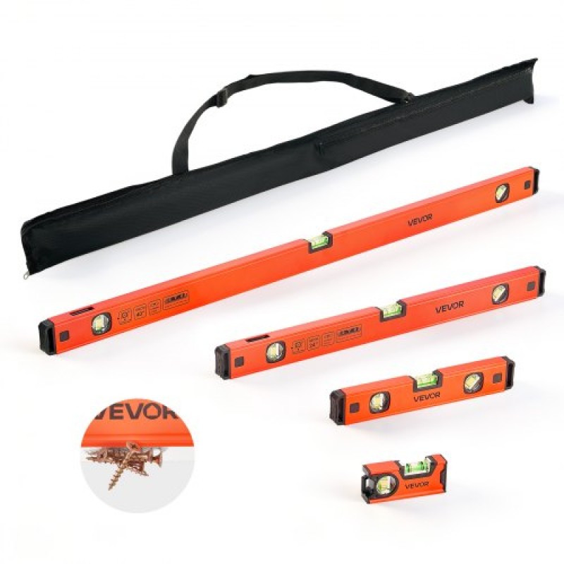VEVOR Torpedo Level, 4 τεμαχίων (120/300/600/1000 mm), Σετ εργαλείων Magnetic Leveler από κράμα αλουμινίου, με διαφανή 3 πράσινα φιαλίδια, κρεμαστή τρύπα, μέτρηση πολλαπλών γωνιών δοκού κουτιού για ανακαίνιση οικοδομικού σπιτιού