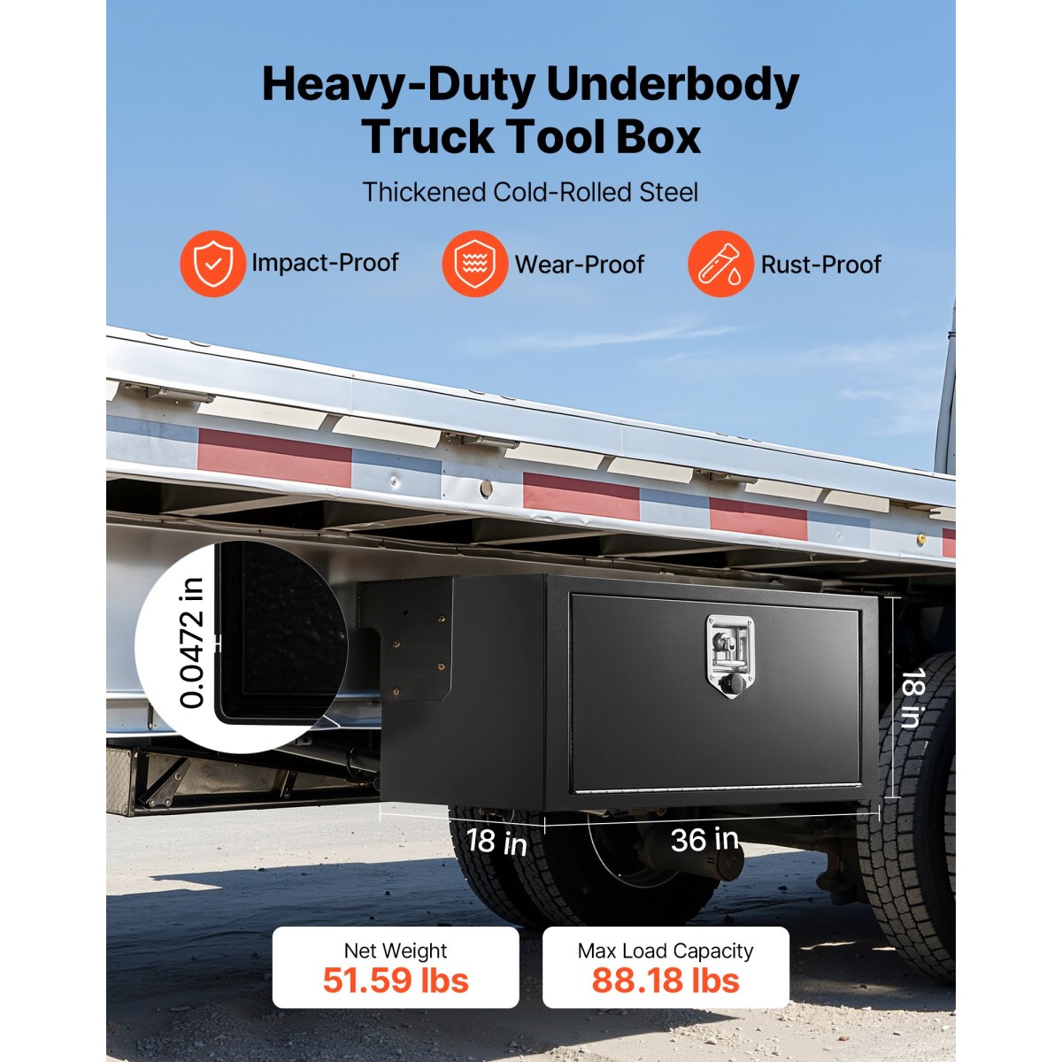 VEVOR Underbody Truck Tool Box, 914 x 457 x 457 mm Κουτί αποθήκευσης τρέιλερ από χάλυβα βαρέως τύπου με κλειδαριά και κλειδιά, αδιάβροχη οργάνωση αποθήκευσης τρέιλερ κάτω από το αμάξωμα με λαβή T για φορτηγό, Van, SUV, Μαύρο