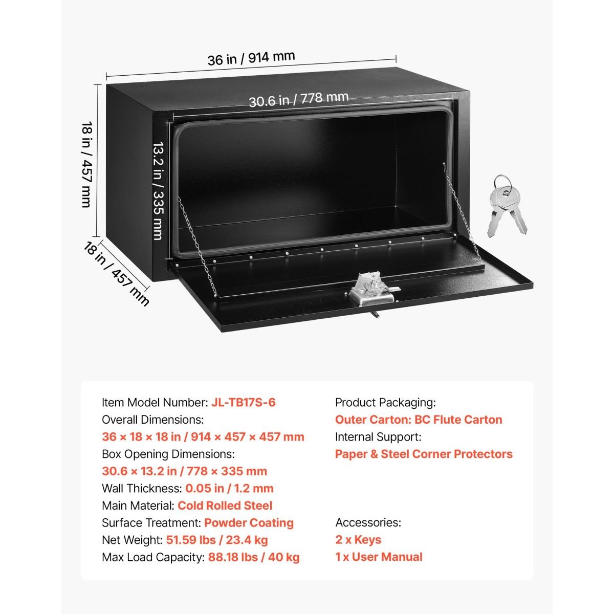 VEVOR Underbody Truck Tool Box, 914 x 457 x 457 mm Κουτί αποθήκευσης τρέιλερ από χάλυβα βαρέως τύπου με κλειδαριά και κλειδιά, αδιάβροχη οργάνωση αποθήκευσης τρέιλερ κάτω από το αμάξωμα με λαβή T για φορτηγό, Van, SUV, Μαύρο