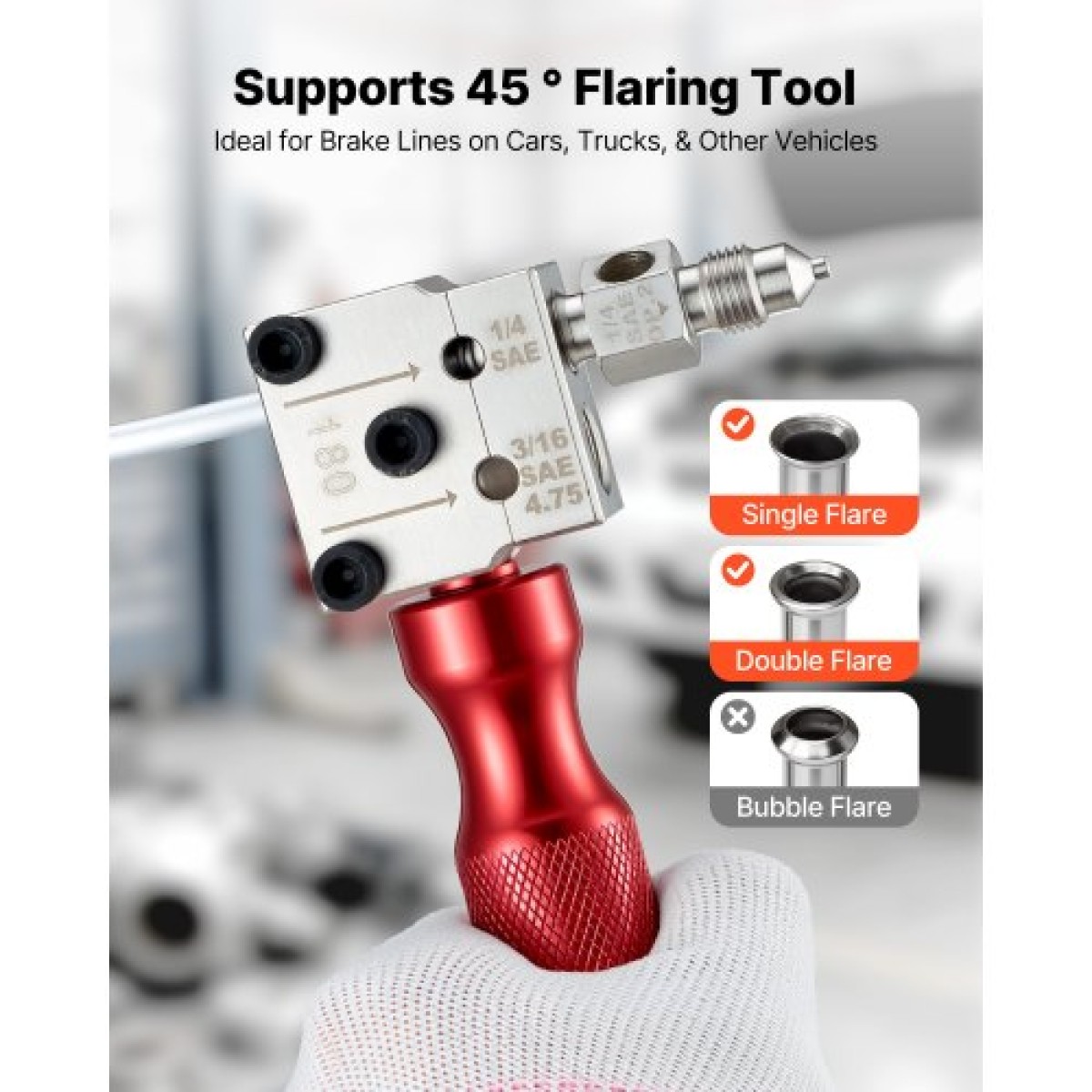 VEVOR Brake Line Flaring Tool Kit, 45° Single & Double Flare Tool για 4,75mm, 6,35mm χάλκινη σωλήνωση - με 2 μήτρες διαμόρφωσης, εργαλείο αφαίρεσης γρεζιών και εργαλειοθήκη για επισκευή υδραυλικών γραμμών φρένων αυτοκινήτων