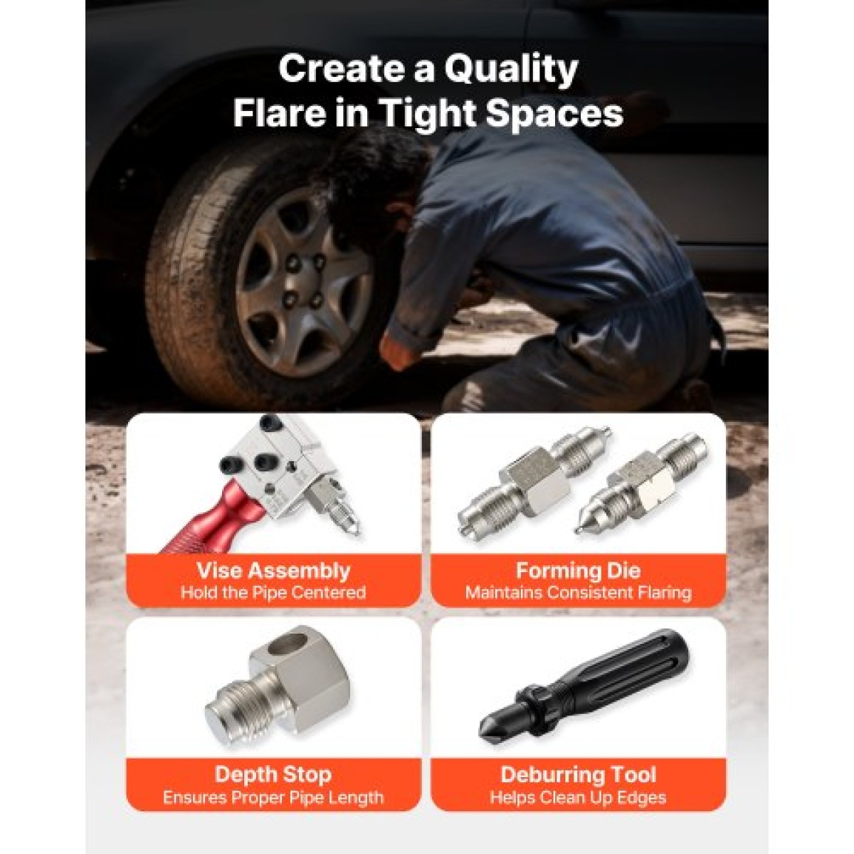 VEVOR Brake Line Flaring Tool Kit, 45° Single & Double Flare Tool για 4,75mm, 6,35mm χάλκινη σωλήνωση - με 2 μήτρες διαμόρφωσης, εργαλείο αφαίρεσης γρεζιών και εργαλειοθήκη για επισκευή υδραυλικών γραμμών φρένων αυτοκινήτων