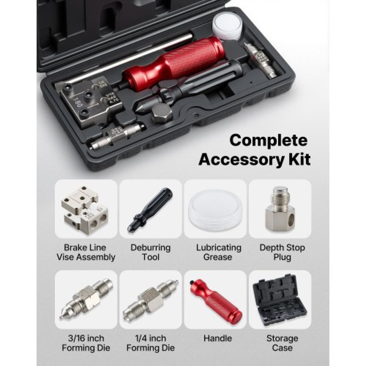 VEVOR Brake Line Flaring Tool Kit, 45° Single & Double Flare Tool για 4,75mm, 6,35mm χάλκινη σωλήνωση - με 2 μήτρες διαμόρφωσης, εργαλείο αφαίρεσης γρεζιών και εργαλειοθήκη για επισκευή υδραυλικών γραμμών φρένων αυτοκινήτων
