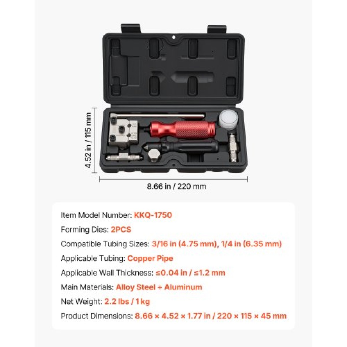 VEVOR Brake Line Flaring Tool Kit, 45° Single & Double Flare Tool για 4,75mm, 6,35mm χάλκινη σωλήνωση - με 2 μήτρες διαμόρφωσης, εργαλείο αφαίρεσης γρεζιών και εργαλειοθήκη για επισκευή υδραυλικών γραμμών φρένων αυτοκινήτων