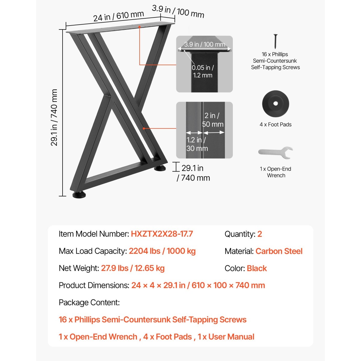 Επιτραπέζια πόδια VEVOR, 740 x 610 mm (Υ x Π) Πόδια επίπλων από χάλυβα, 1000 kg Μέγιστο φορτίο βαρέως τύπου, Εύκολη τοποθέτηση, στάβλος για γραφείο στο σπίτι DIY, Τραπέζια για δείπνο καφέ, Πάγκοι εργασίας, Σετ 2, Μαύρο