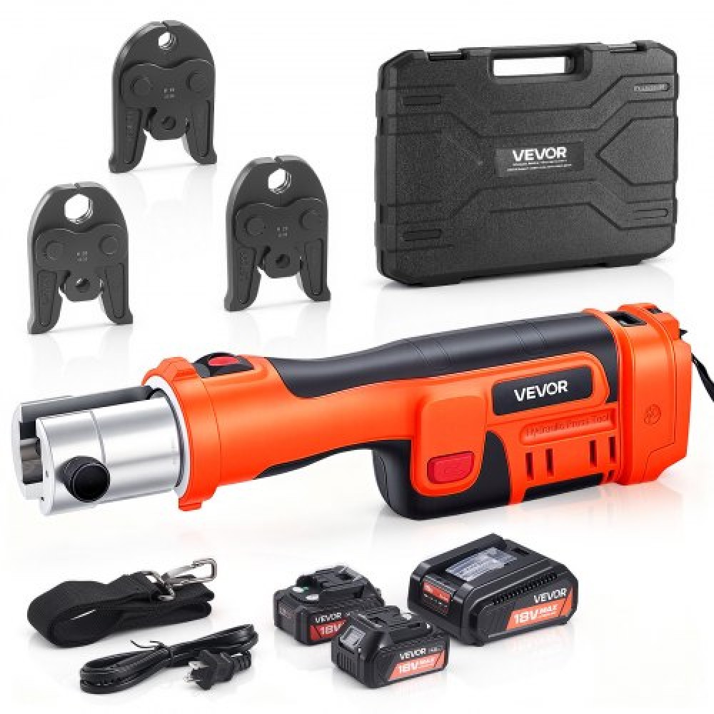 VEVOR Pipe Press Tool, 18V Electric Pipe Crimping Tool with M15, M22, M28 Jaws for Stainless Steel Pipes, 32KN Press Tools Kit with 2PCS 4AH Batteries, Fast Charger & Carrying Case