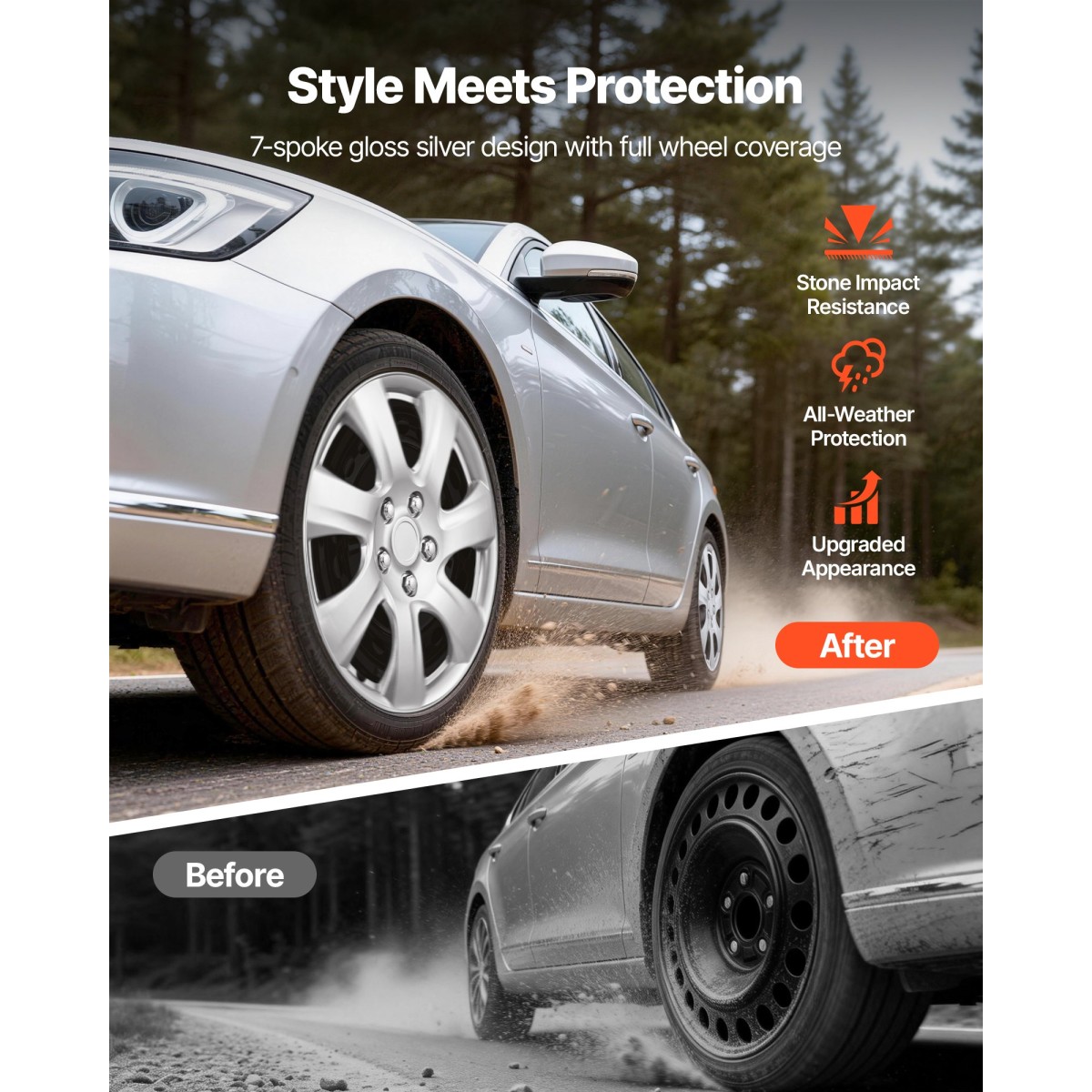 Καλύμματα τροχών VEVOR Hubcaps, σετ 16 ιντσών με κάλυμμα 4 τροχών, Αντικατάσταση τύπου OEM, R16 Snap μέγεθος σε Καπάκια τροχών, Universal 7 ακτίνων ABS καπάκια ζάντας ελαστικών για Hyundai Chevrolet Ford Honda, Ασημί