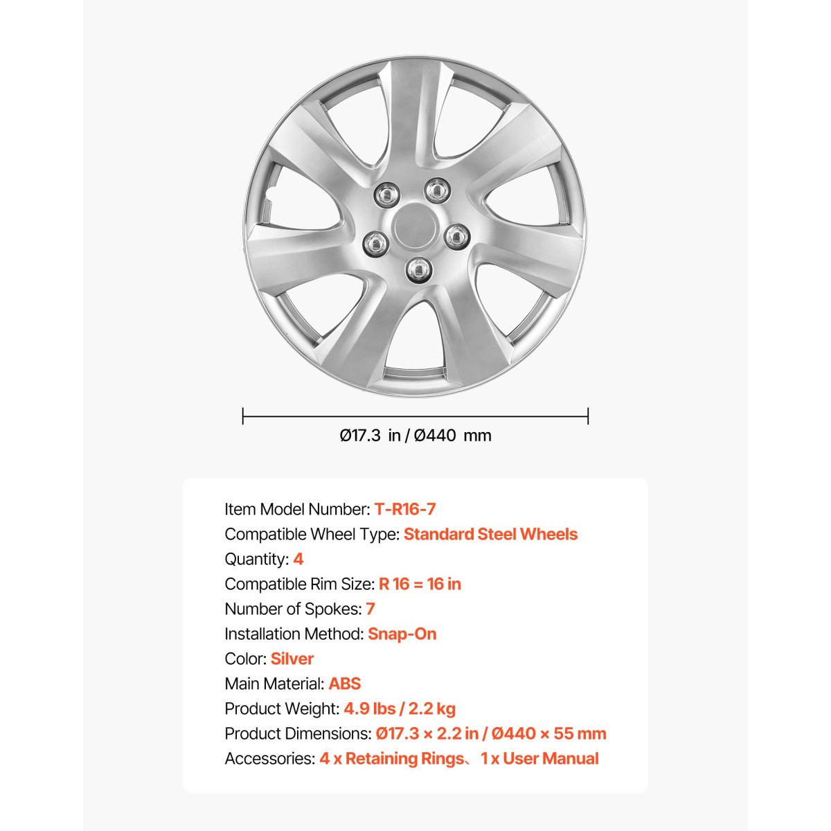 Καλύμματα τροχών VEVOR Hubcaps, σετ 16 ιντσών με κάλυμμα 4 τροχών, Αντικατάσταση τύπου OEM, R16 Snap μέγεθος σε Καπάκια τροχών, Universal 7 ακτίνων ABS καπάκια ζάντας ελαστικών για Hyundai Chevrolet Ford Honda, Ασημί