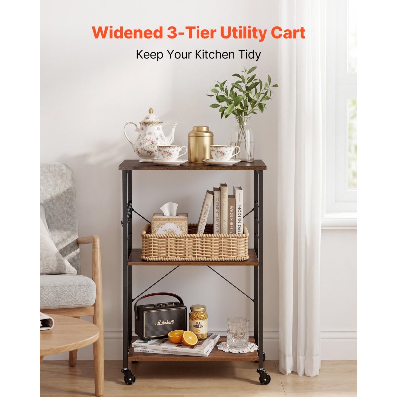 VEVOR Kitchen Utility Cart, 3 Tier 60 cm Coffee Stand Microwave Rack, Heavy Duty Storage Rack, Service Trolley on Wheels, Industrial Rolling Table Work with 8 Hooks, for Mini Four, Toster, Vintage