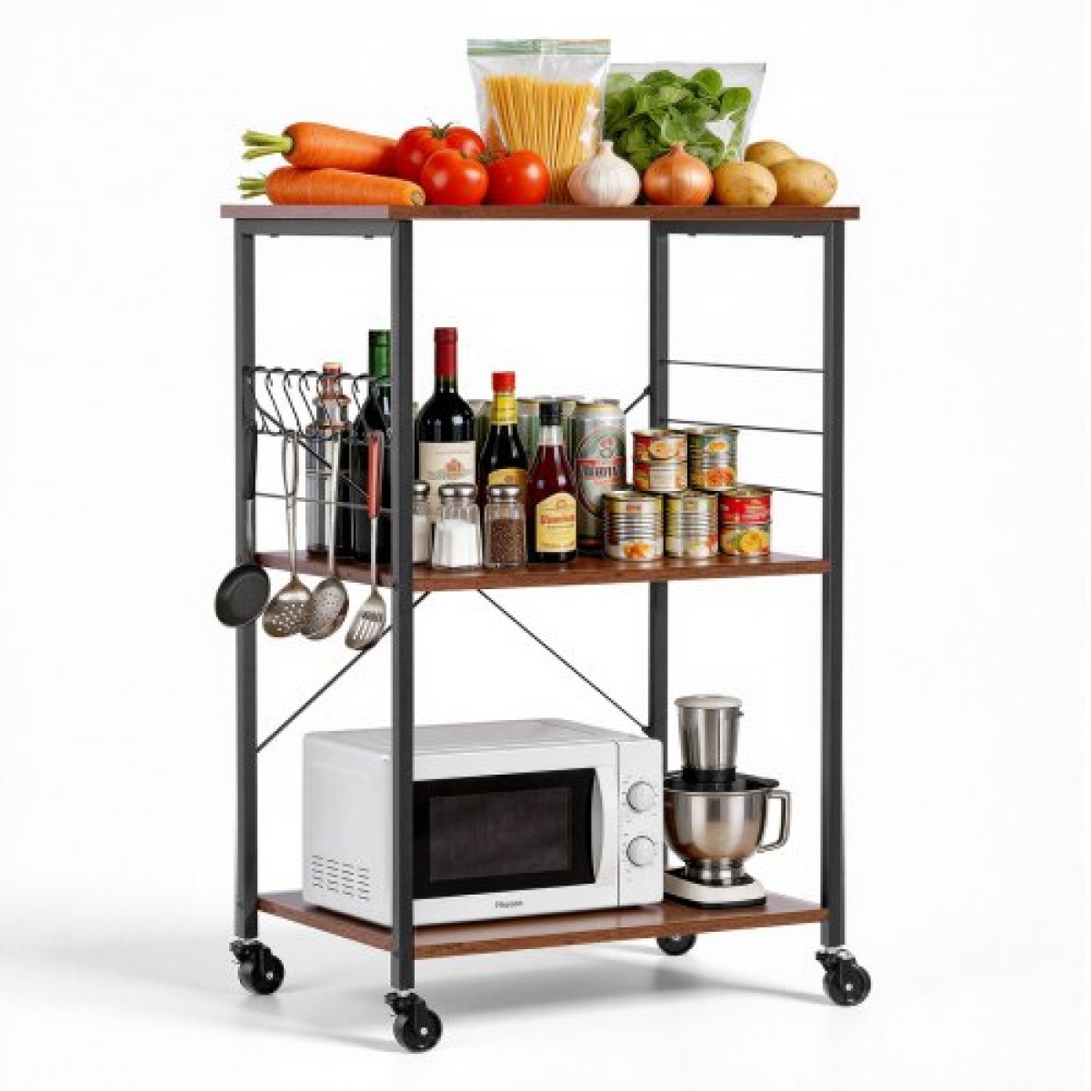 VEVOR Kitchen Utility Cart, 3 Tier 60 cm Coffee Stand Microwave Rack, Heavy Duty Storage Rack, Service Trolley on Wheels, Industrial Rolling Table Work with 8 Hooks, for Mini Four, Toster, Vintage