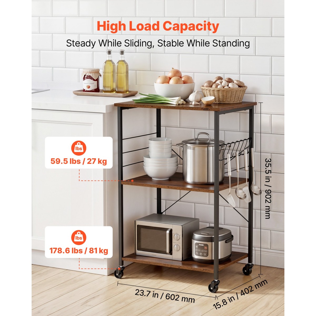 VEVOR Kitchen Utility Cart, 3 Tier 60 cm Coffee Stand Microwave Rack, Heavy Duty Storage Rack, Service Trolley on Wheels, Industrial Rolling Table Work with 8 Hooks, for Mini Four, Toster, Vintage