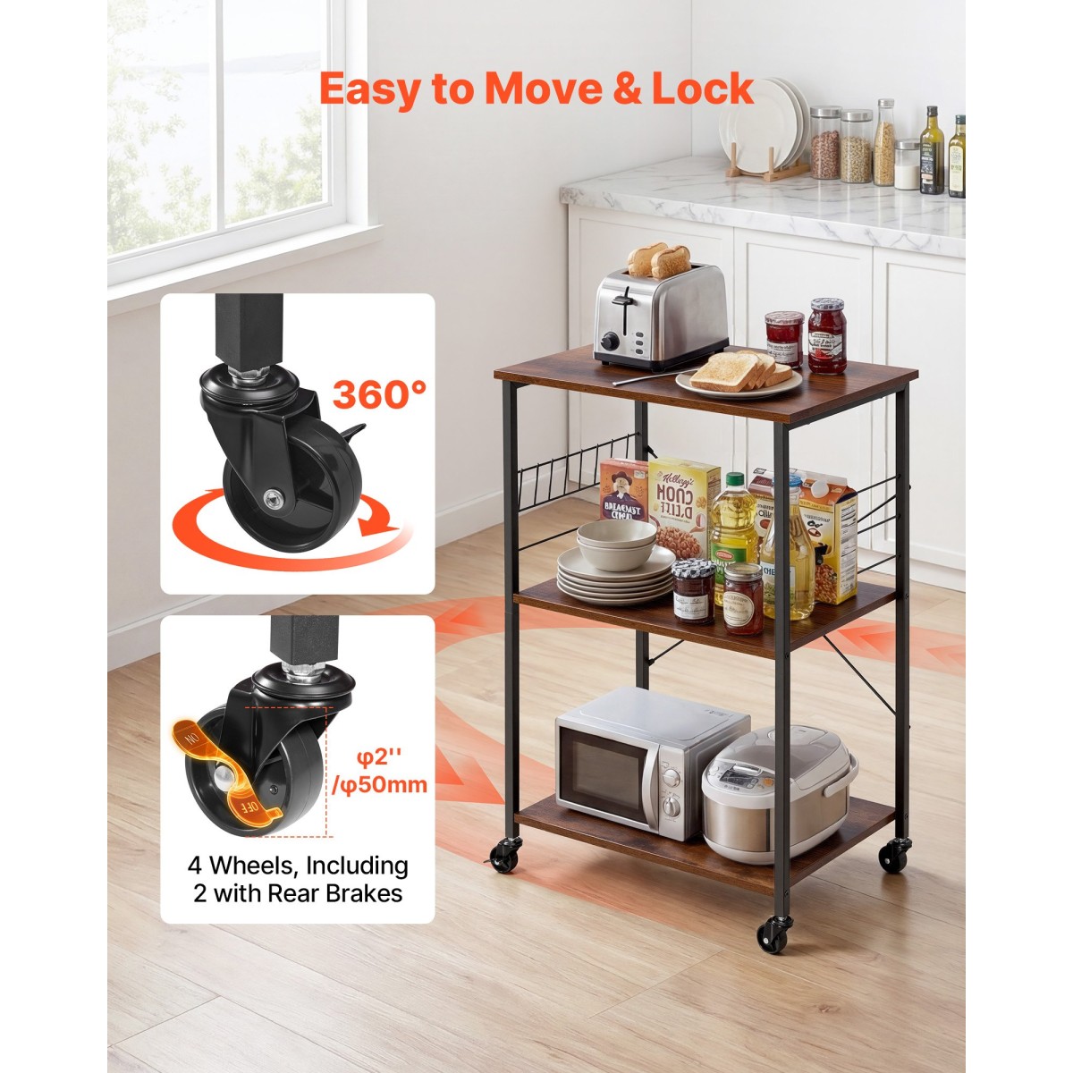 VEVOR Kitchen Utility Cart, 3 Tier 60 cm Coffee Stand Microwave Rack, Heavy Duty Storage Rack, Service Trolley on Wheels, Industrial Rolling Table Work with 8 Hooks, for Mini Four, Toster, Vintage