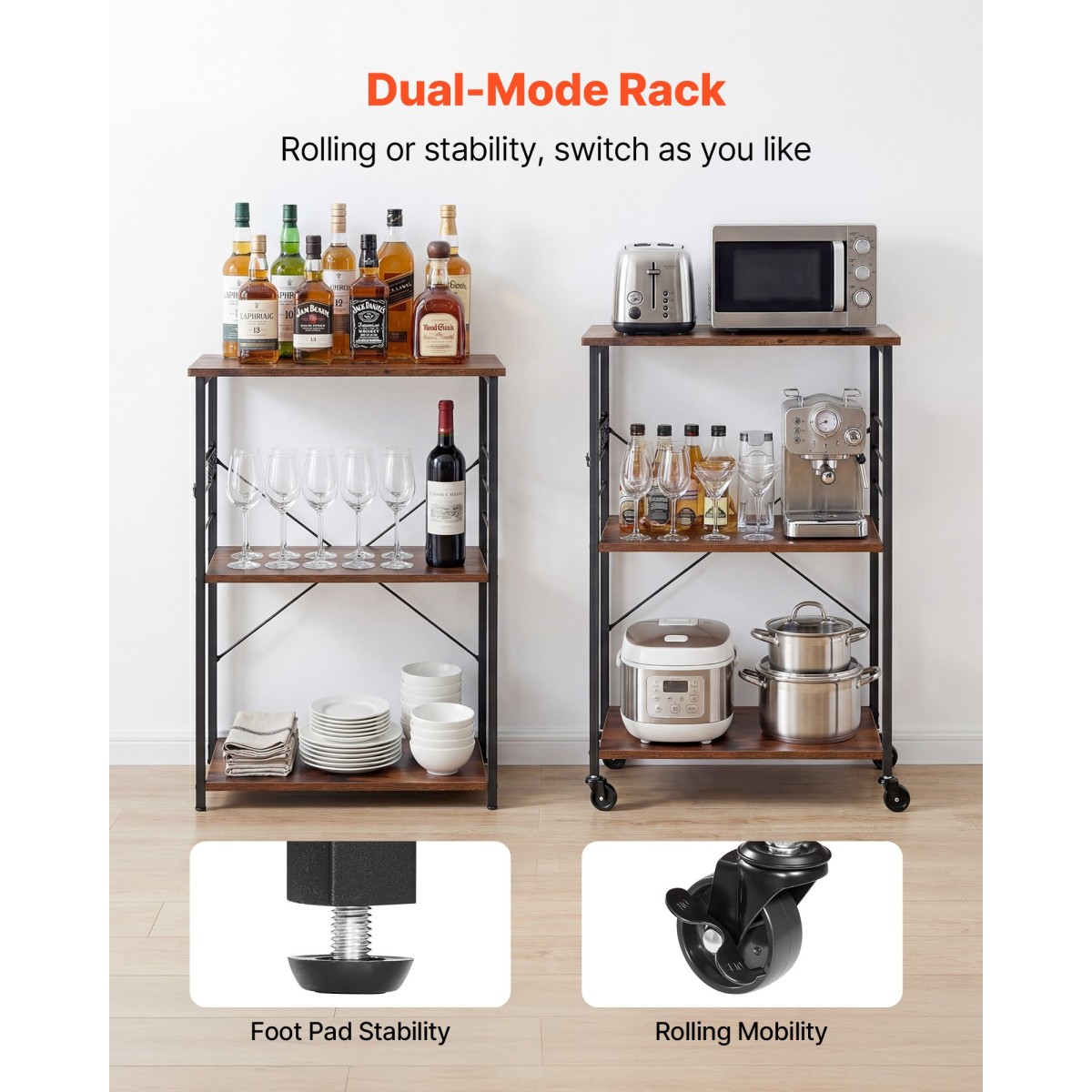 VEVOR Kitchen Utility Cart, 3 Tier 60 cm Coffee Stand Microwave Rack, Heavy Duty Storage Rack, Service Trolley on Wheels, Industrial Rolling Table Work with 8 Hooks, for Mini Four, Toster, Vintage
