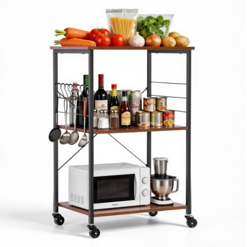 VEVOR Kitchen Utility Cart, 3 Tier 60 cm Coffee Stand Microwave Rack, Heavy Duty Storage Rack, Service Trolley on Wheels, Industrial Rolling Table Work with 8 Hooks, for Mini Four, Toster, Vintage