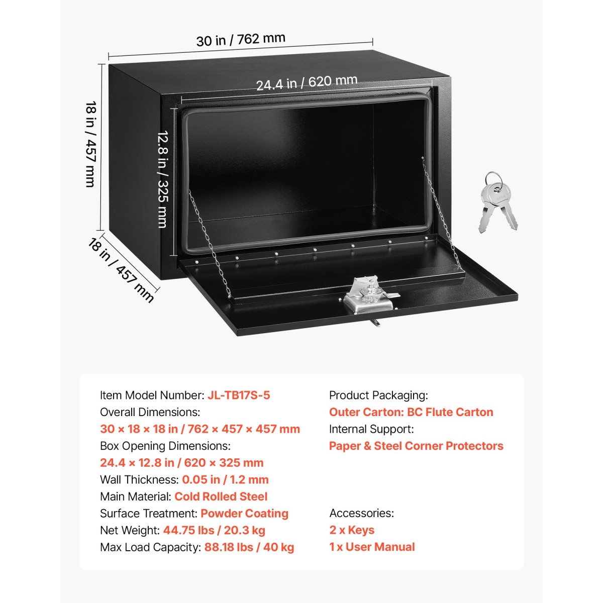 VEVOR Underbody Truck Tool Box, 762 x 457 x 457 mm Κουτί αποθήκευσης τρέιλερ από χάλυβα βαρέως τύπου με κλειδαριά & κλειδιά, αδιάβροχη οργάνωση αποθήκευσης τρέιλερ κάτω από το αμάξωμα με λαβή T για φορτηγό, Van, SUV, Μαύρο