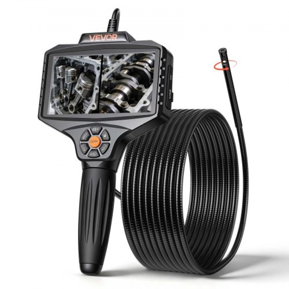 VEVOR 360° Motorized Rotation Endoscope, Dual Lens Industrial Borescope Camera with Light, 5" HD IPS Split-Screen, 8mm Slim Lens, IP67 Waterproof Inspection Camera for Auto, Plumbing (5m Snake Cable)