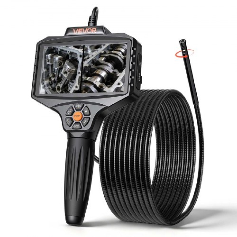 VEVOR 360° Motorized Rotation Endoscope, Dual Lens Industrial Borescope Camera with Light, 5" HD IPS Split-Screen, 8mm Slim Lens, IP67 Waterproof Inspection Camera for Auto, Plumbing (5m Snake Cable)