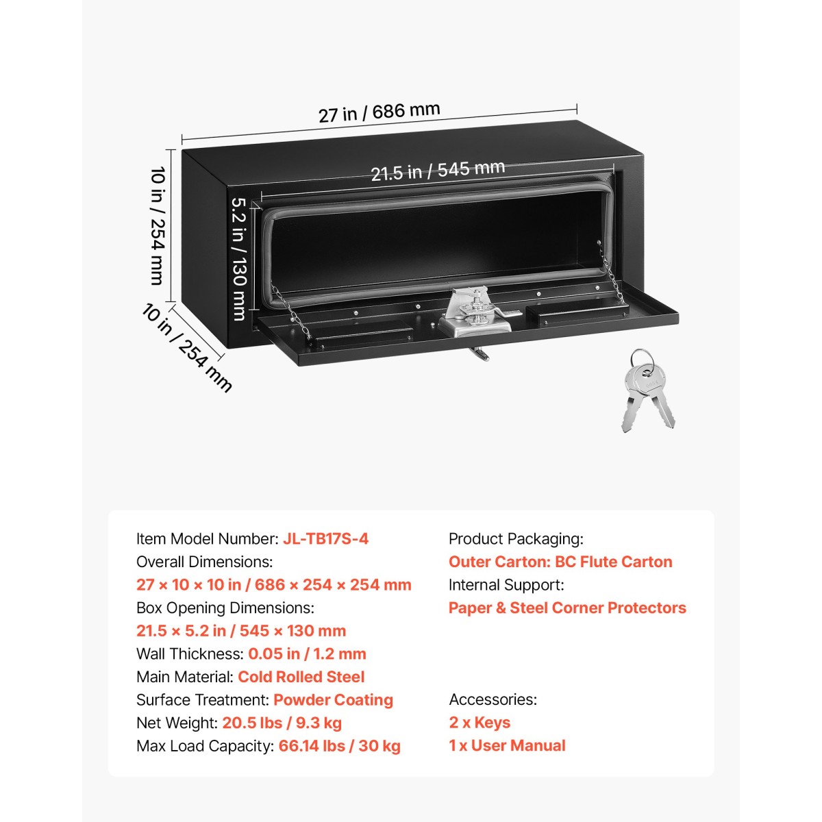 VEVOR Underbody Truck Tool Box, 686 x 254 x 254 mm Χάλυβας βαρέως τύπου κουτί αποθήκευσης τρέιλερ με κλειδαριά και κλειδιά, αδιάβροχη οργάνωση αποθήκευσης τρέιλερ κάτω από το αμάξωμα με λαβή T για φορτηγό, Van, SUV, Μαύρο