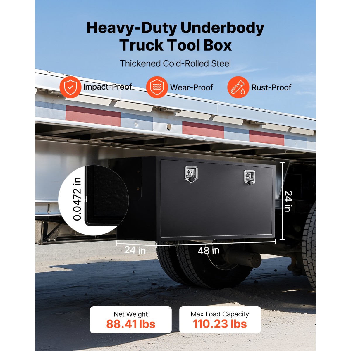 Κιβώτιο εργαλείων VEVOR Underbody Truck, 1219 x 609 x 609 mm Κουτί αποθήκευσης τρέιλερ από χάλυβα βαρέως τύπου με κλειδαριά και κλειδιά, αδιάβροχη οργάνωση αποθήκευσης τρέιλερ κάτω από το αμάξωμα με λαβή T για φορτηγό SUV, Μαύρο