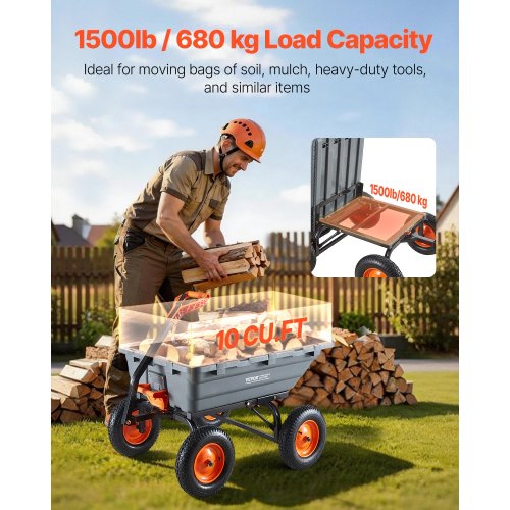 VEVOR Garden Dump Cart, 680kg Poly Dump Cart, Garden Carts Dumps Wagon with 90° Quick-Dumps Mechanism, Adjustable Handle, 270° Flexible Rotating Bearings, Yard Wagon for Plants, Soil, Crops
