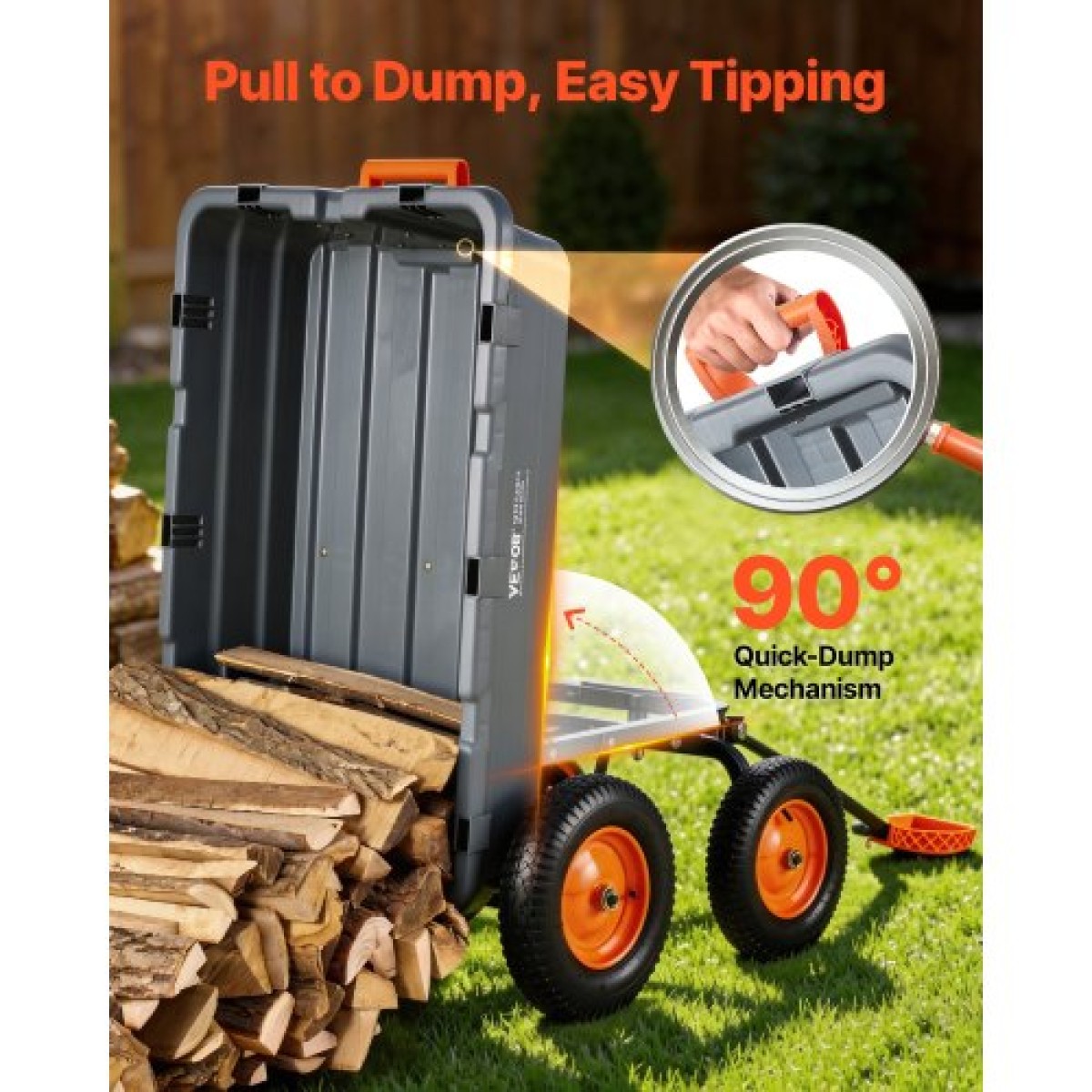 VEVOR Garden Dump Cart, 680kg Poly Dump Cart, Garden Carts Dumps Wagon με μηχανισμό Quick-Dumps 90°, Ρυθμιζόμενη λαβή, εύκαμπτα περιστρεφόμενα ρουλεμάν 270°, Yard Wagon για φυτά, έδαφος, καλλιέργειες