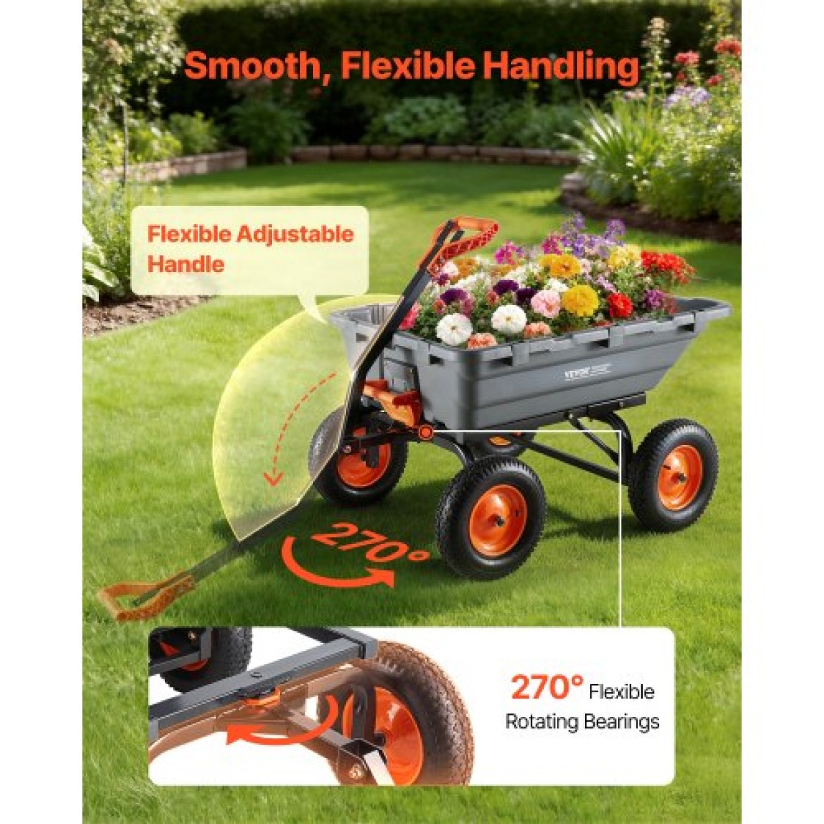 VEVOR Garden Dump Cart, 680kg Poly Dump Cart, Garden Carts Dumps Wagon με μηχανισμό Quick-Dumps 90°, Ρυθμιζόμενη λαβή, εύκαμπτα περιστρεφόμενα ρουλεμάν 270°, Yard Wagon για φυτά, έδαφος, καλλιέργειες