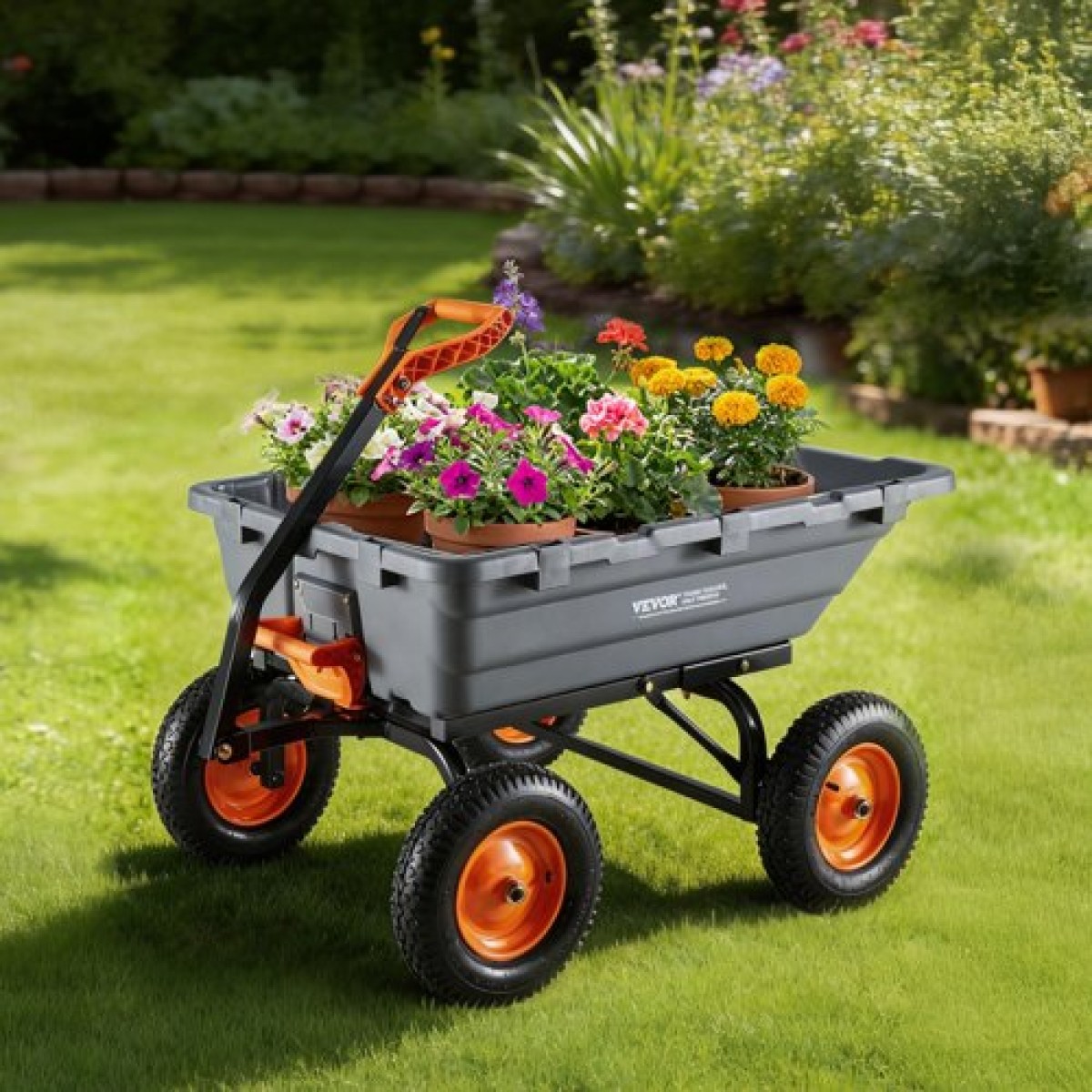 VEVOR Garden Dump Cart, 680kg Poly Dump Cart, Garden Carts Dumps Wagon με μηχανισμό Quick-Dumps 90°, Ρυθμιζόμενη λαβή, εύκαμπτα περιστρεφόμενα ρουλεμάν 270°, Yard Wagon για φυτά, έδαφος, καλλιέργειες