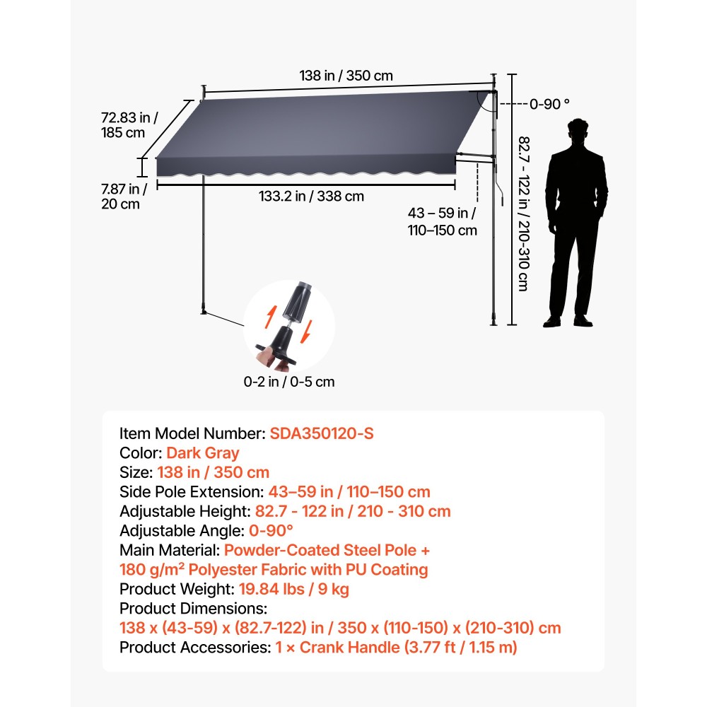 VEVOR Χειροκίνητη αναδιπλούμενη τέντα, 350 cm Υπαίθρια αναδιπλούμενη τέντα αίθριο Στέγαστρο, ρυθμιζόμενο ύψος κουβούκλιο παραθύρου πόρτας βεράντας με χειροκίνητη μανιβέλα για αυλή, κήπο, μπαλκόνι, σκούρο γκρι