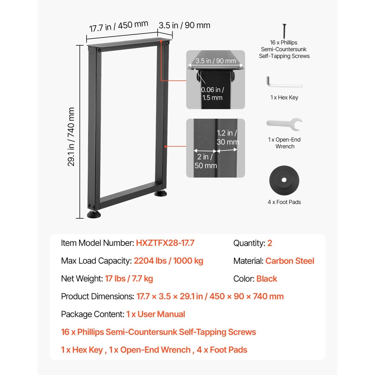 Επιτραπέζια πόδια VEVOR, 740 x 450 mm (Υ x Π) Τετράγωνα πόδια επίπλων από χάλυβα, αρθρωτή σχεδίαση, εύκολη συναρμολόγηση, 2204 lbs Max Load Heavy Duty, για γραφείο στο σπίτι, πάγκους εργασίας, τραπέζια για δείπνο, σετ 2, μαύρο