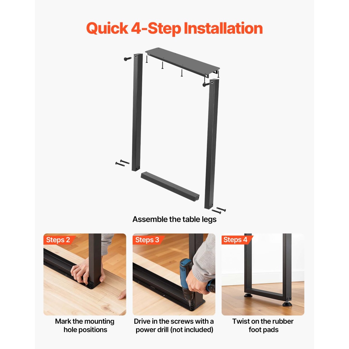 Επιτραπέζια πόδια VEVOR, 740 x 450 mm (Υ x Π) Τετράγωνα πόδια επίπλων από χάλυβα, αρθρωτή σχεδίαση, εύκολη συναρμολόγηση, 2204 lbs Max Load Heavy Duty, για γραφείο στο σπίτι, πάγκους εργασίας, τραπέζια για δείπνο, σετ 2, μαύρο