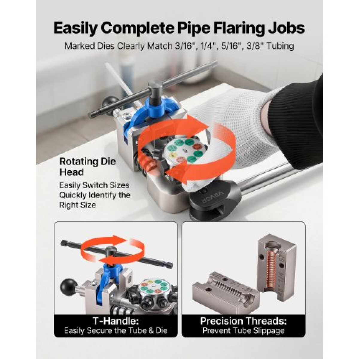 VEVOR Professional Brake Line Flaring Tool, 45 Degree Double Flare Bubble Flare Tool for 4,76mm, 6,35mm, 7,94mm, 9,52mm Χάλκινοι σωλήνες αλουμινίου από λεπτό χάλυβα
