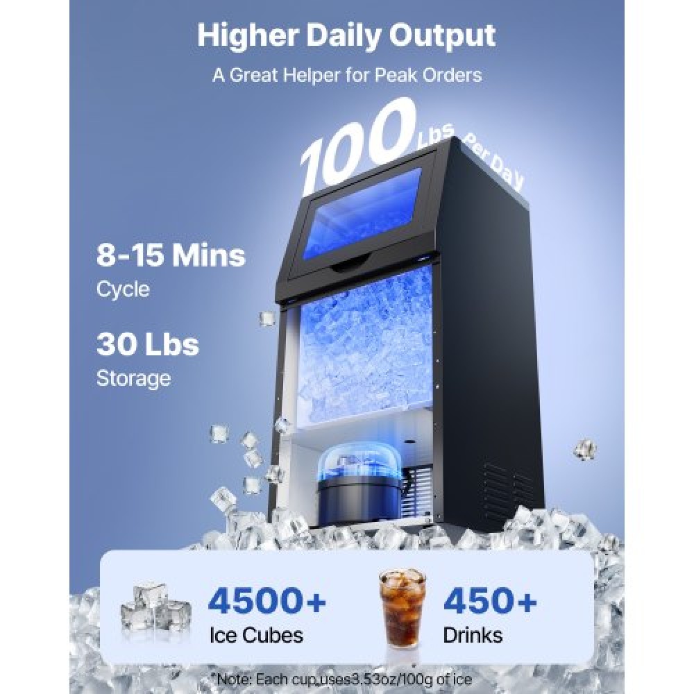 VEVOR Commercial Ice Maker Machine, 45 kg/24h with 14 kg Storage Capacity, Built-in/Freestanding/Under Counter, Stainless Steel Ice Maker with LED Display & Self-Cleaning, for Home Bar Restaurant