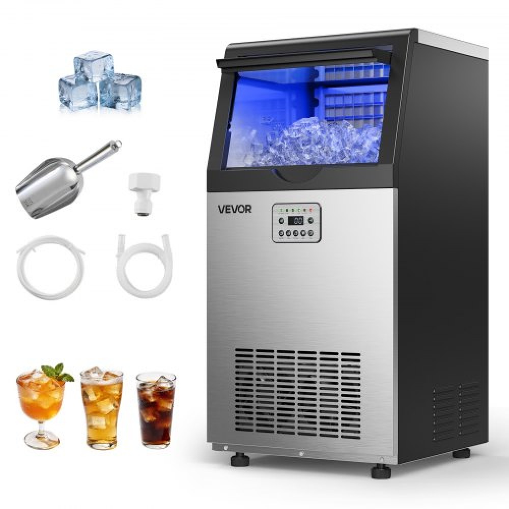VEVOR Commercial Ice Maker Machine, 45 kg/24h with 14 kg Storage Capacity, Built-in/Freestanding/Under Counter, Stainless Steel Ice Maker with LED Display & Self-Cleaning, for Home Bar Restaurant