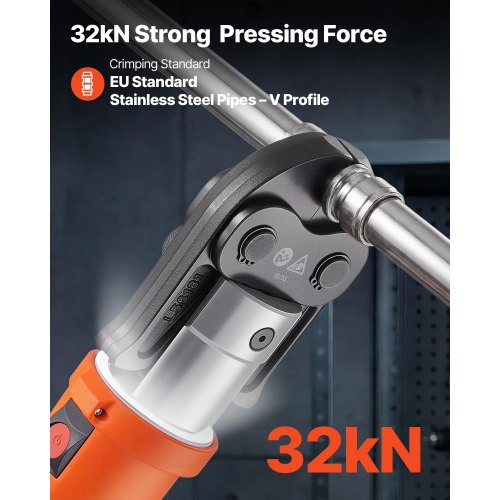 VEVOR Pipe Press Tool, 18V Electric Pipe Crimping Tool with V15, V22, V28 Jaws for Stainless Steel Pipes, 32KN Press Tools Kit with 2PCS 4AH Batteries, Fast Charger & Carrying Case