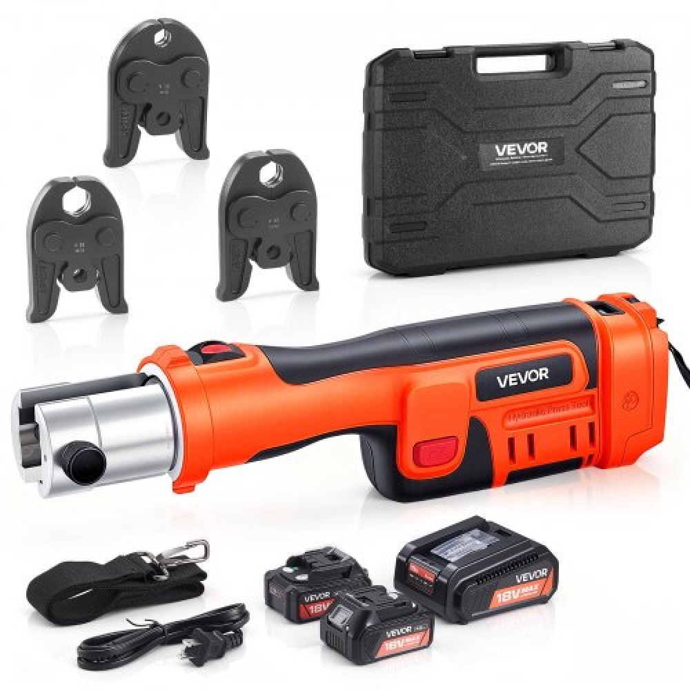 VEVOR Pipe Press Tool, 18V Electric Pipe Crimping Tool with V15, V22, V28 Jaws for Stainless Steel Pipes, 32KN Press Tools Kit with 2PCS 4AH Batteries, Fast Charger & Carrying Case