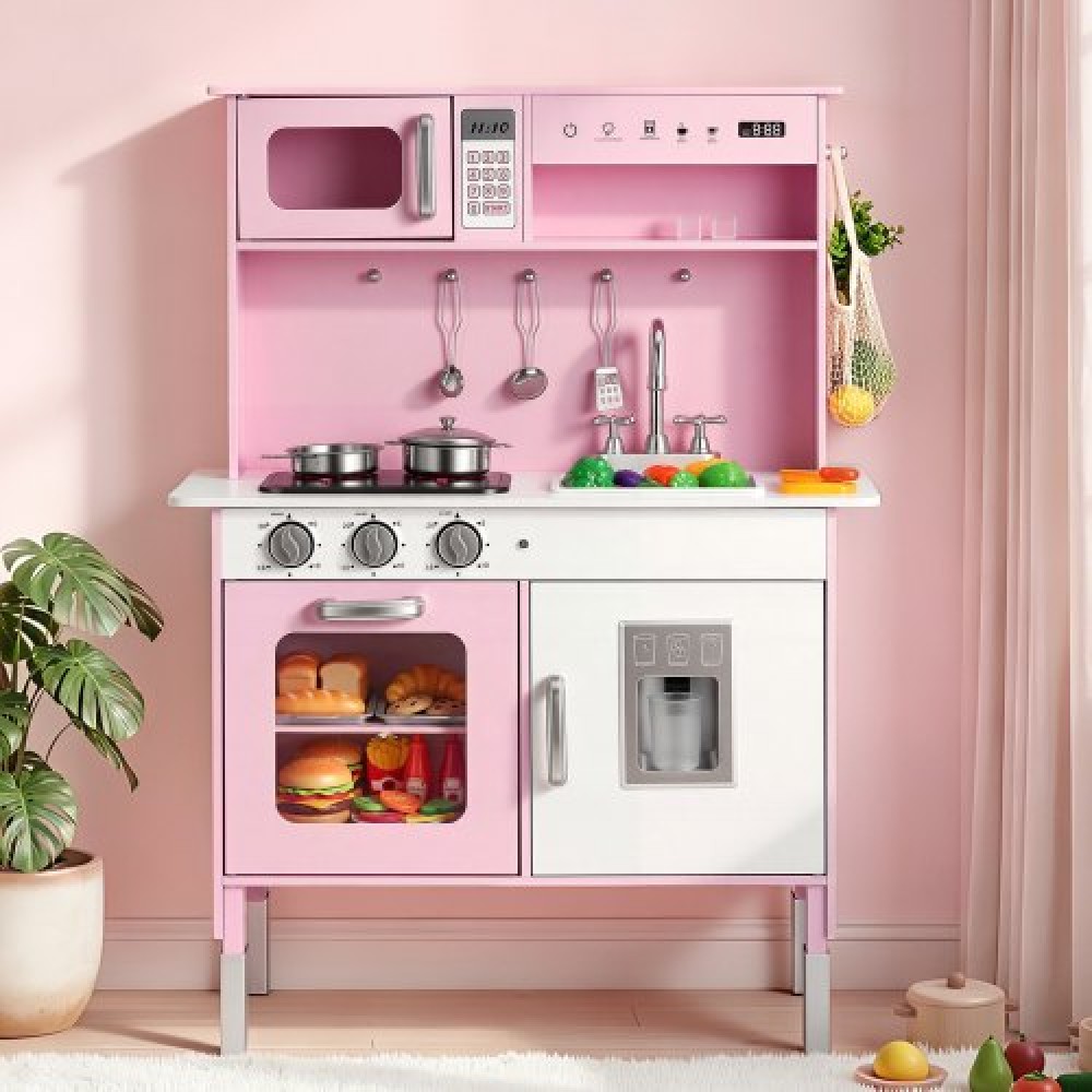 VEVOR Play Kitchen for Kids, Ξύλινο, Παιδικό σετ Κουζίνας με αληθινά φώτα και ήχους, φαγητό και μαγειρικά σκεύη, σετ παιχνιδιών Pretend Play, φούρνος μικροκυμάτων, φούρνος, πόμολα, για νήπια, κορίτσια και αγόρια 3-8 ετών, ροζ