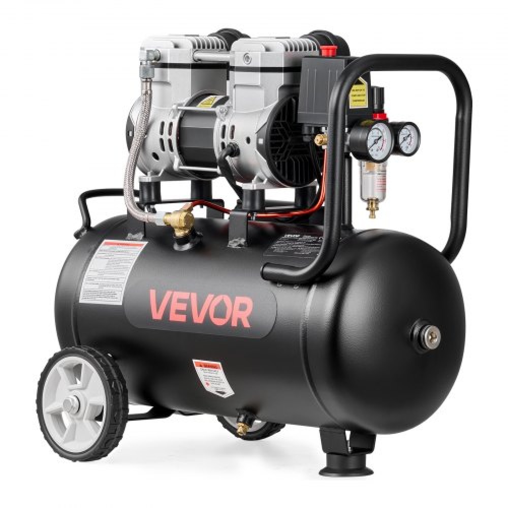 Αεροσυμπιεστής VEVOR 24L, Δεξαμενή αεροσυμπιεστή 1,1 KW χωρίς λάδι, 68 L/min στα 6,2 Bar, Μέγιστη πίεση 8 Bar, Φορητό στους τροχούς για επισκευή αυτοκινήτου, Φούσκωμα ελαστικών, Βαφή με σπρέι, Καρφώματα ξυλουργικής