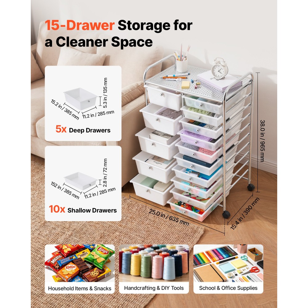 VEVOR Rolling Cart with συρτάρια, Double Row 15 Drawer Storage Organizer, Mobile Utility Cart with Chrome Steel Frame, Universal Casters & 2 Brakes, for Office, Classroom, Craft Room, Studio, Garage