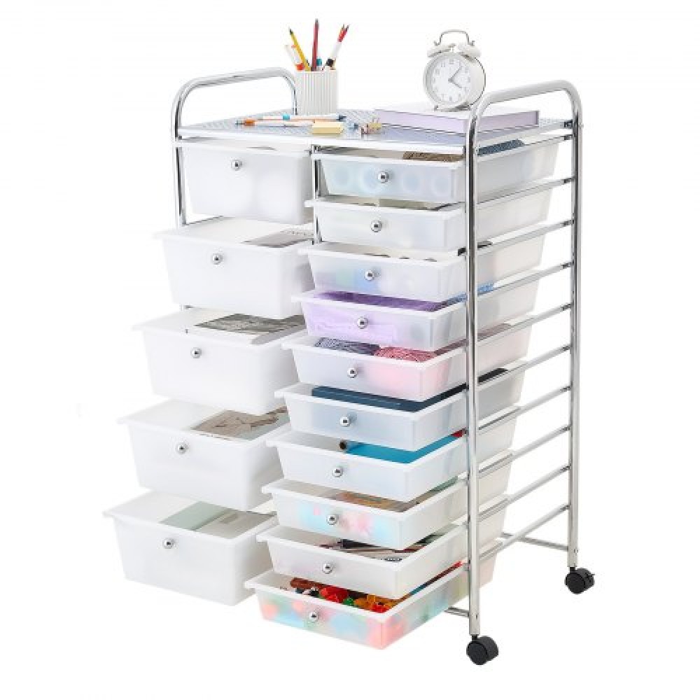 VEVOR Rolling Cart with συρτάρια, Double Row 15 Drawer Storage Organizer, Mobile Utility Cart with Chrome Steel Frame, Universal Casters & 2 Brakes, for Office, Classroom, Craft Room, Studio, Garage