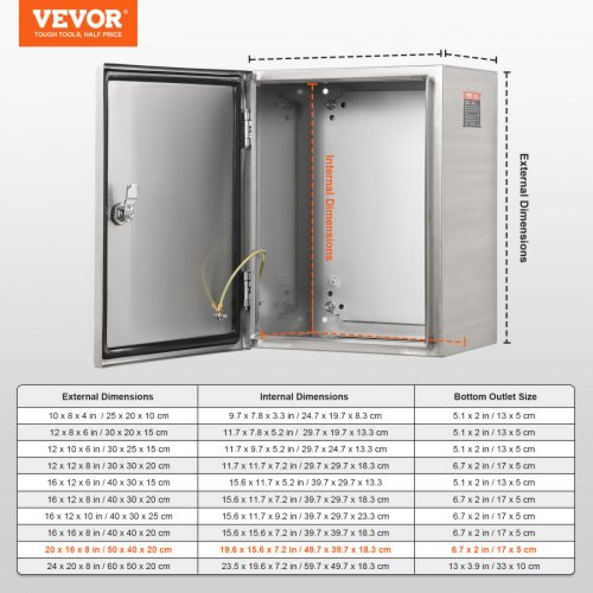Ηλεκτρικό κουτί VEVOR Steel, 50,8 x 40,6 x 20,3 cm, Κουτί ηλεκτρικού περιβλήματος 304 από ανοξείδωτο ατσάλι, περίβλημα ηλεκτρικού ηλεκτρονικού εξοπλισμού εξωτερικού χώρου επιτοίχια με κλειδαριά μεντεσέδων πλάκας τοποθέτησης, IP66 αδιάβροχο