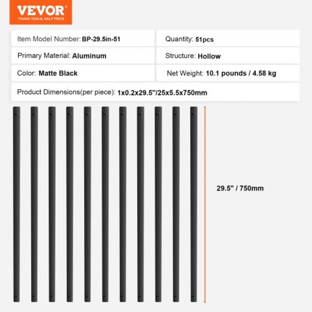 Μεταλλικά κάγκελα VEVOR Staircase, 29,5'' x 1'' Επίπεδοι διακοσμητικοί άξονες από κράμα αλουμινίου, 51 Pack κιγκλίδωμα καταστρώματος με βίδες, κλασικό κιγκλίδωμα κοίλου καταστρώματος με σατέν μαύρη επίστρωση σε σκόνη για βεράντα