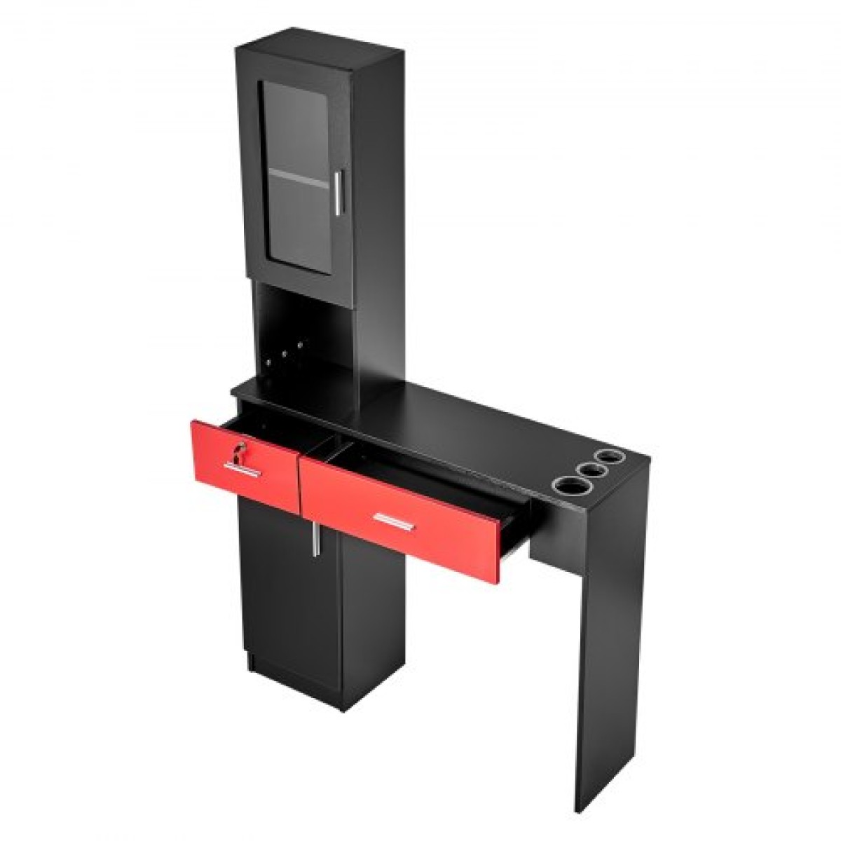 VEVOR Salon Station, Wall Mount Barber Salon Station for Hair Stylist, σετ επίπλων Beauty Spa, 1 ντουλάπι αποθήκευσης, 3 Cubbies και 2 συρτάρια (ένα που κλειδώνει), μαύρο και κόκκινο