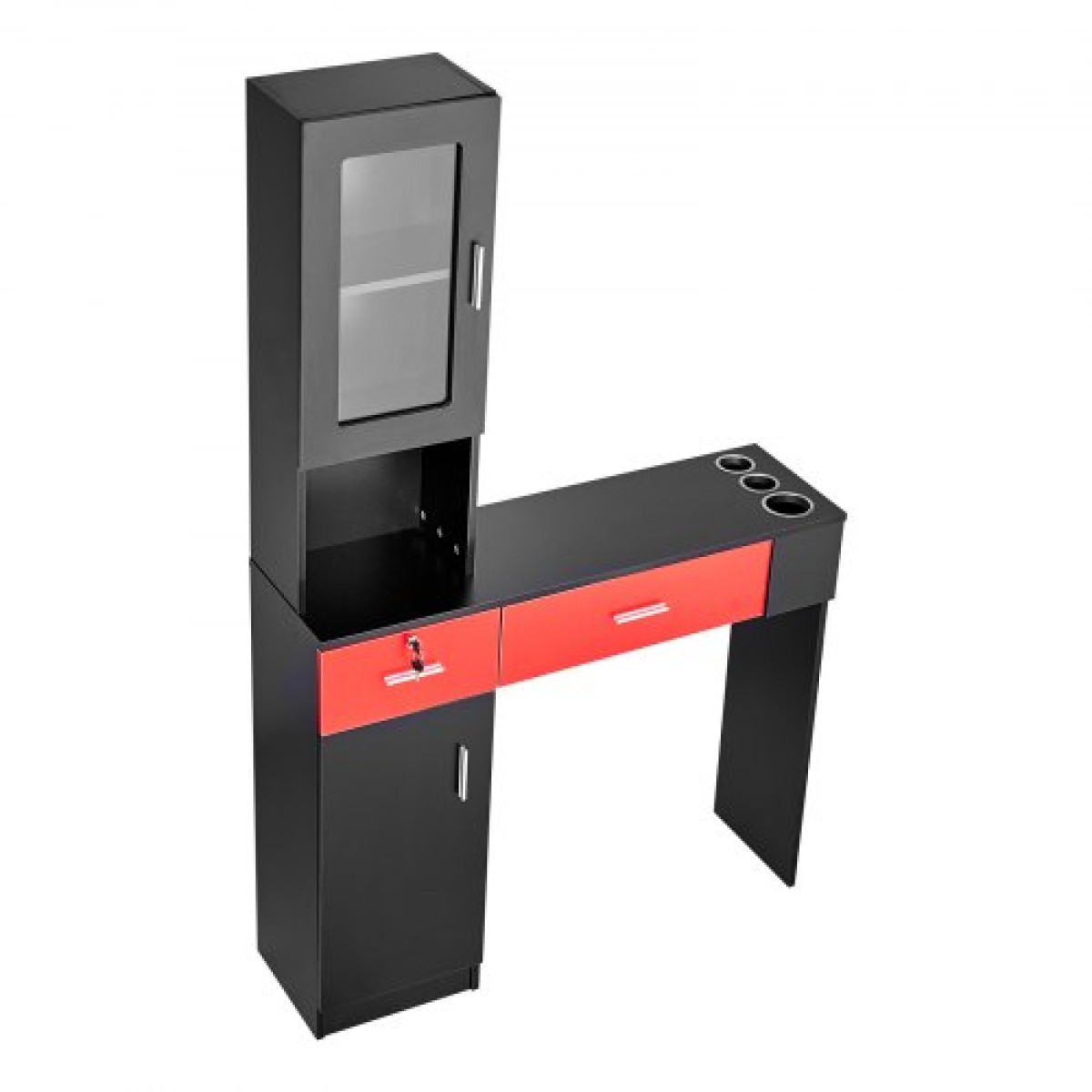 VEVOR Salon Station, Wall Mount Barber Salon Station for Hair Stylist, σετ επίπλων Beauty Spa, 1 ντουλάπι αποθήκευσης, 3 Cubbies και 2 συρτάρια (ένα που κλειδώνει), μαύρο και κόκκινο