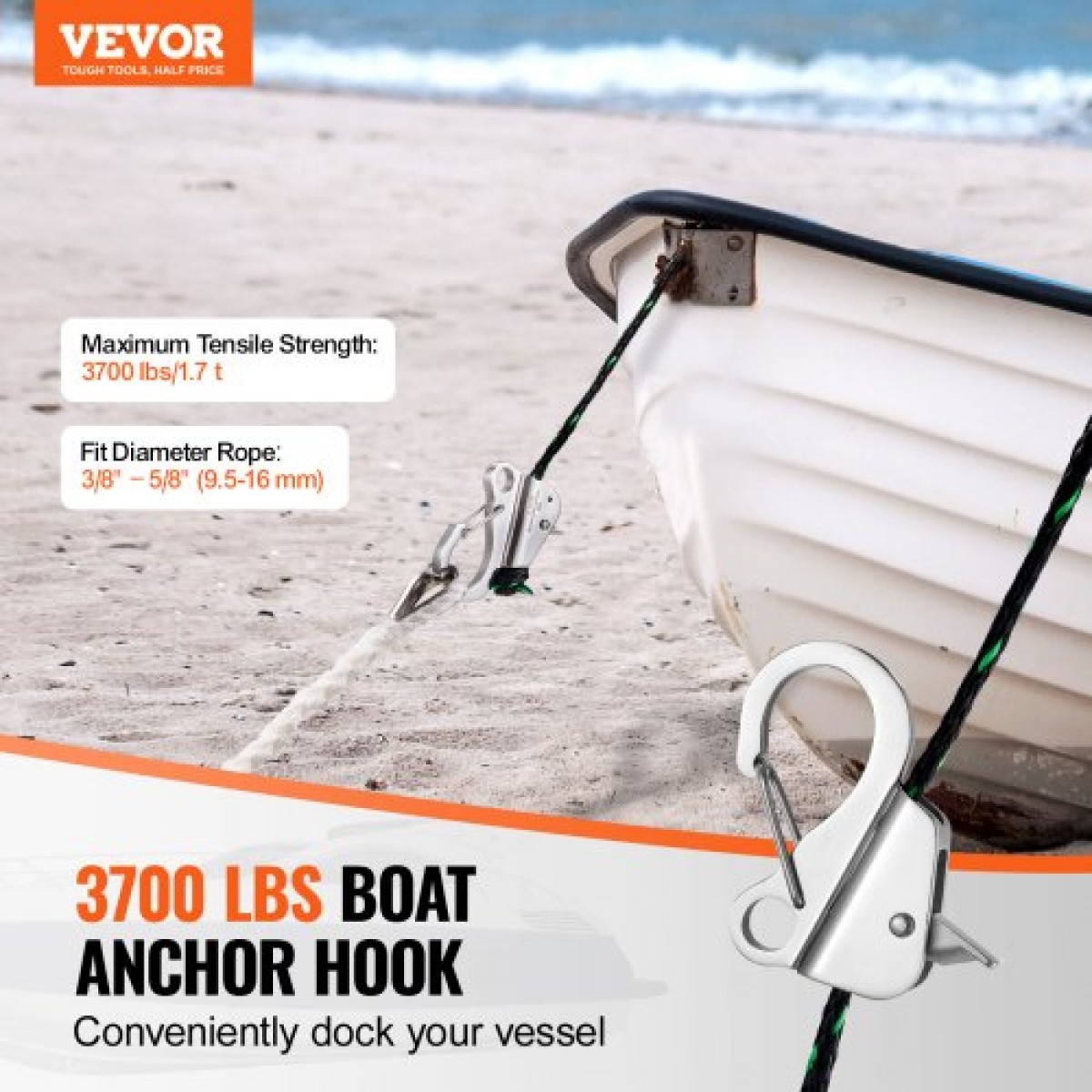VEVOR Boat Anchor Hook, 304 Stainless Steel Slide Anchor, Notless Anchor System with Quick Release, Boat Anchor Hook Clips for 3/8" - 5/8" Boat Anchor Rope, Εύκολο στη χρήση, Χωράει 3700 LBS