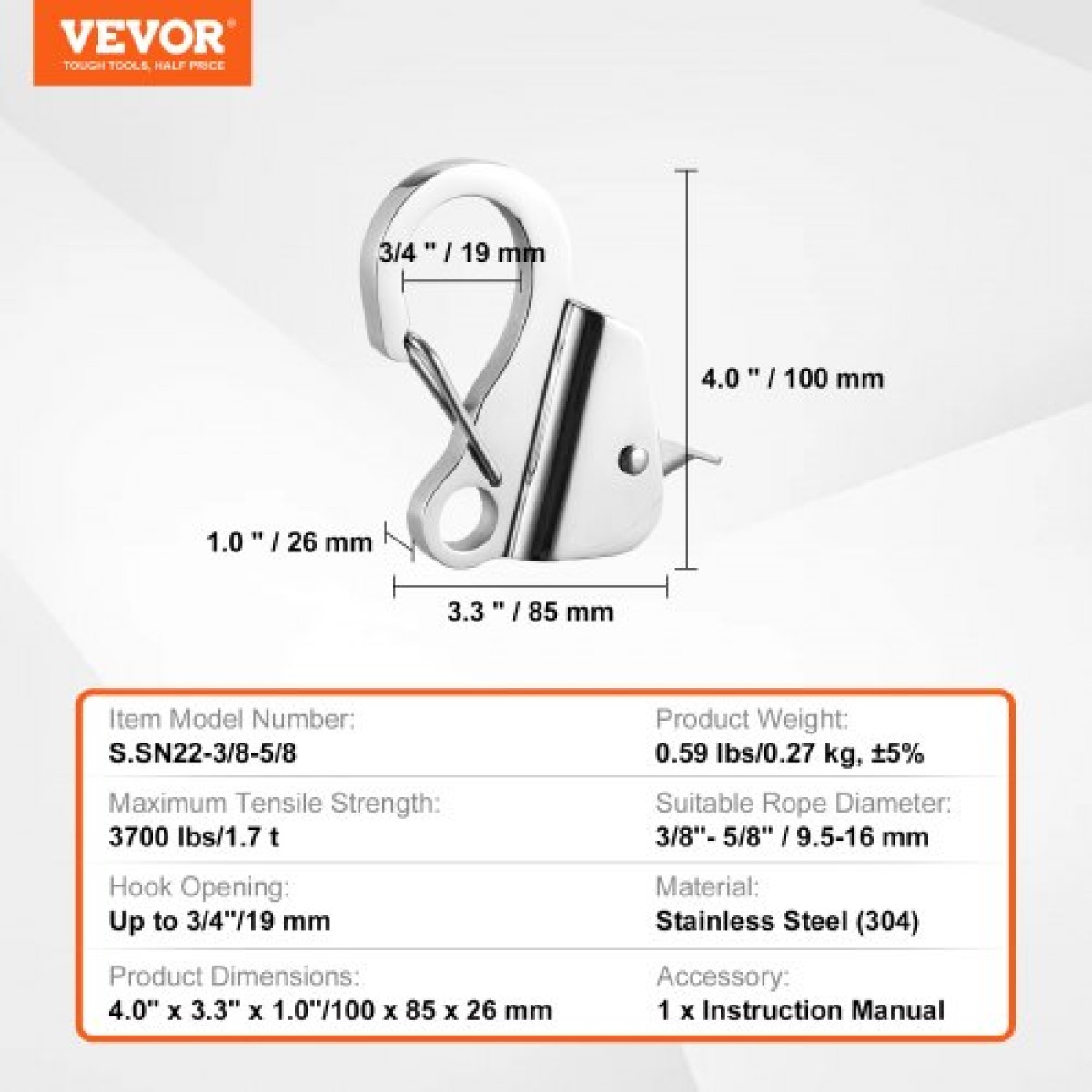 VEVOR Boat Anchor Hook, 304 Stainless Steel Slide Anchor, Notless Anchor System with Quick Release, Boat Anchor Hook Clips for 3/8" - 5/8" Boat Anchor Rope, Εύκολο στη χρήση, Χωράει 3700 LBS